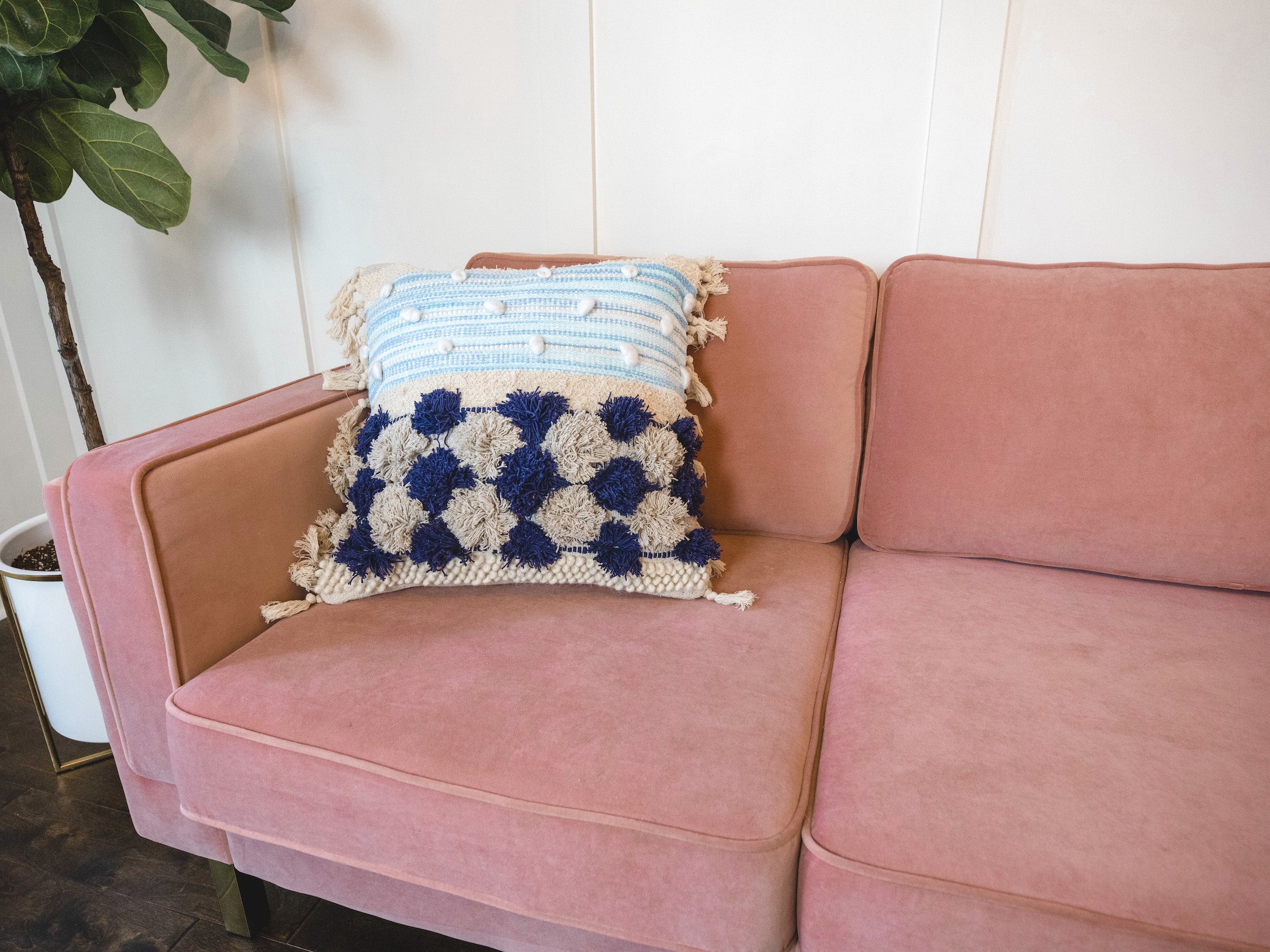 Blue and white woven square pillow - Boho Home Decor Accent