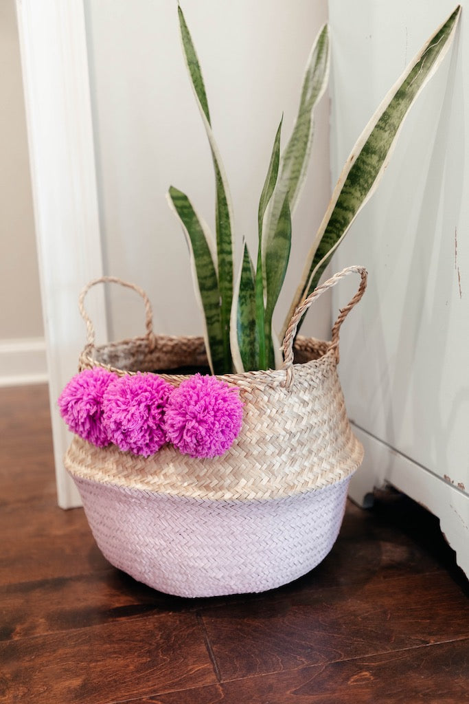 Pink Seagrass Belly Basket with fuchsia pom poms - Handmade Boho Home Decor