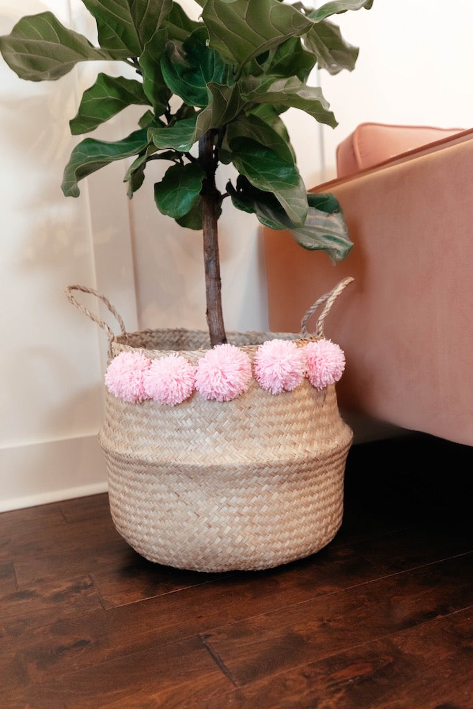 Sea grass belly basket with blush pom poms - Handmade Boho Home Decor