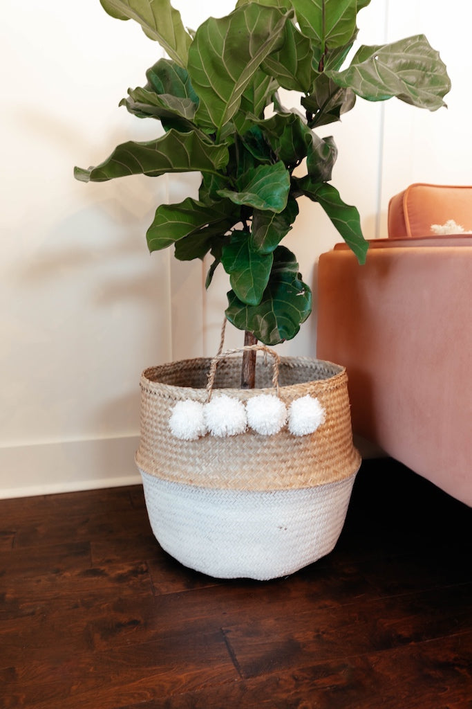 White Seagrass Belly Basket with white pom poms - Handmade Boho Home Decor