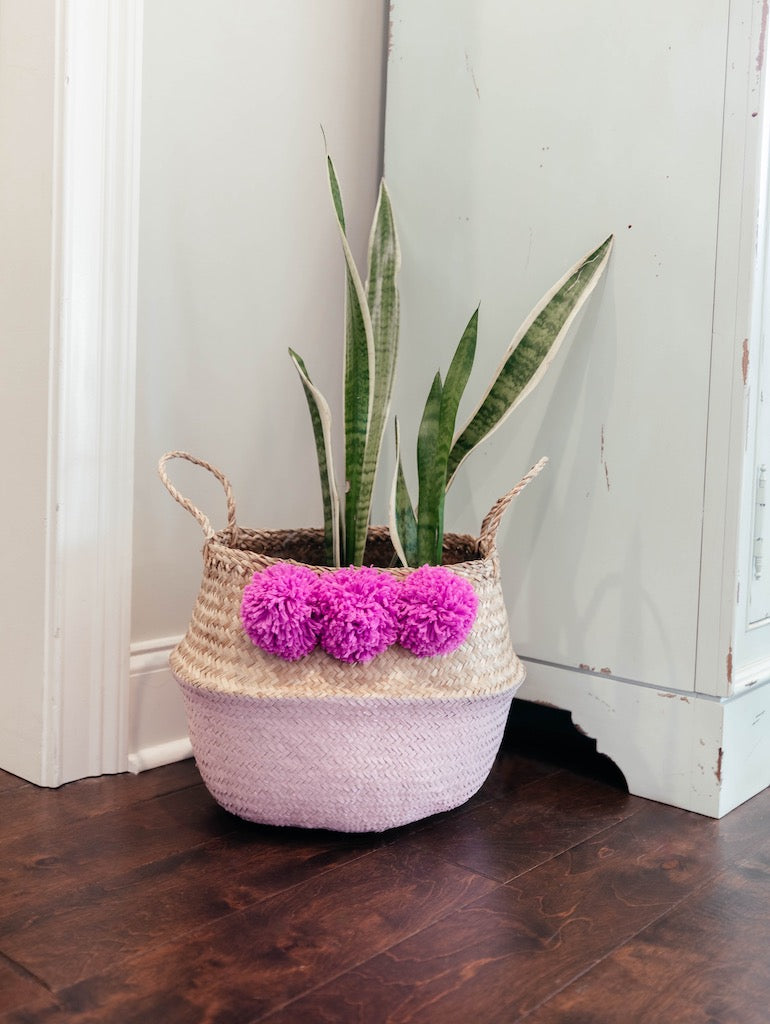 Pink Seagrass Belly Basket with fuchsia pom poms - Handmade Boho Home Decor