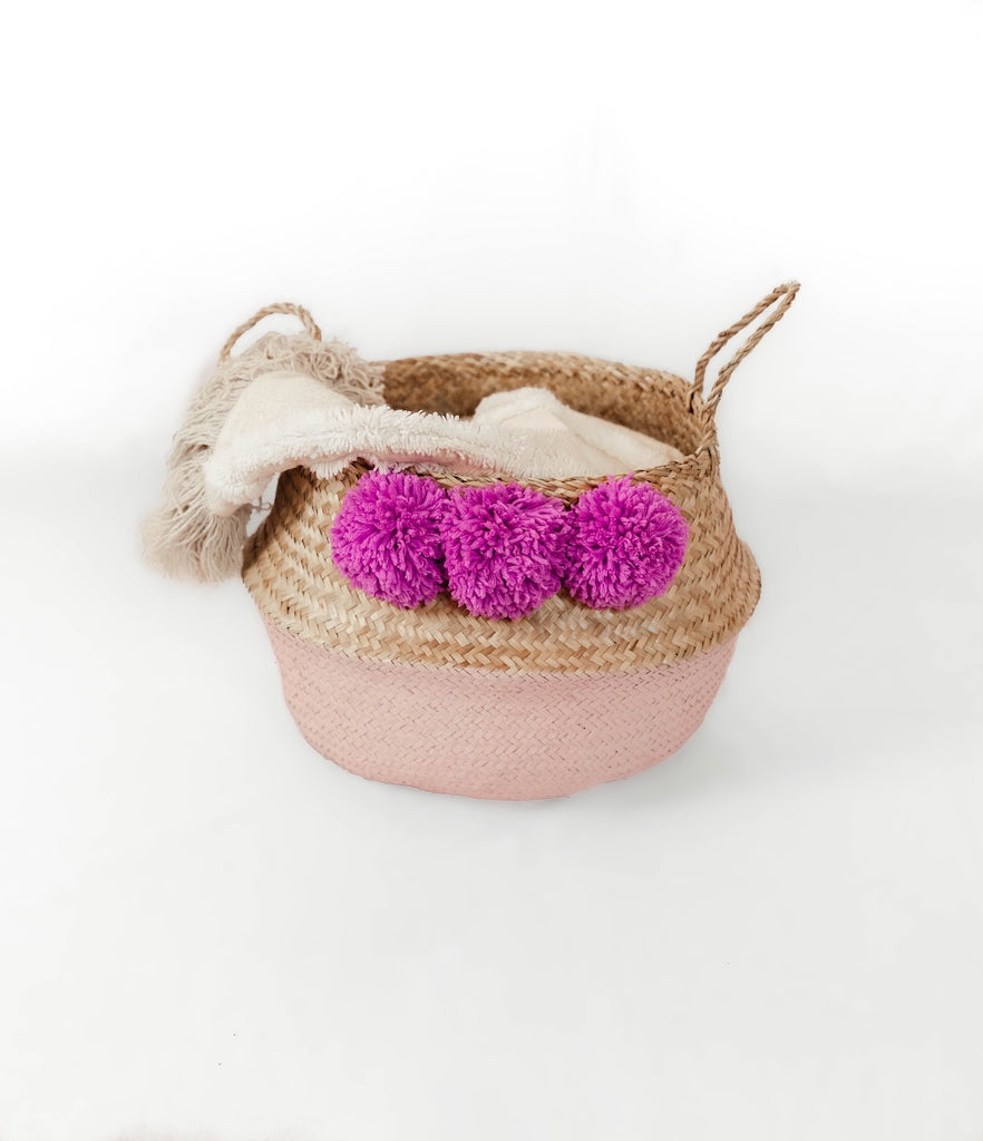 Pink Seagrass Belly Basket with fuchsia pom poms - Handmade Boho Home Decor