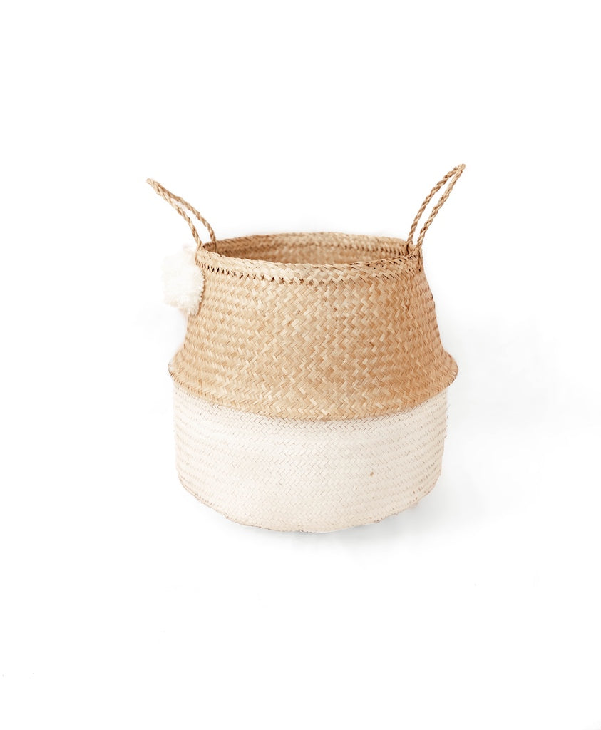 White Seagrass Belly Basket with white pom poms - Handmade Boho Home Decor