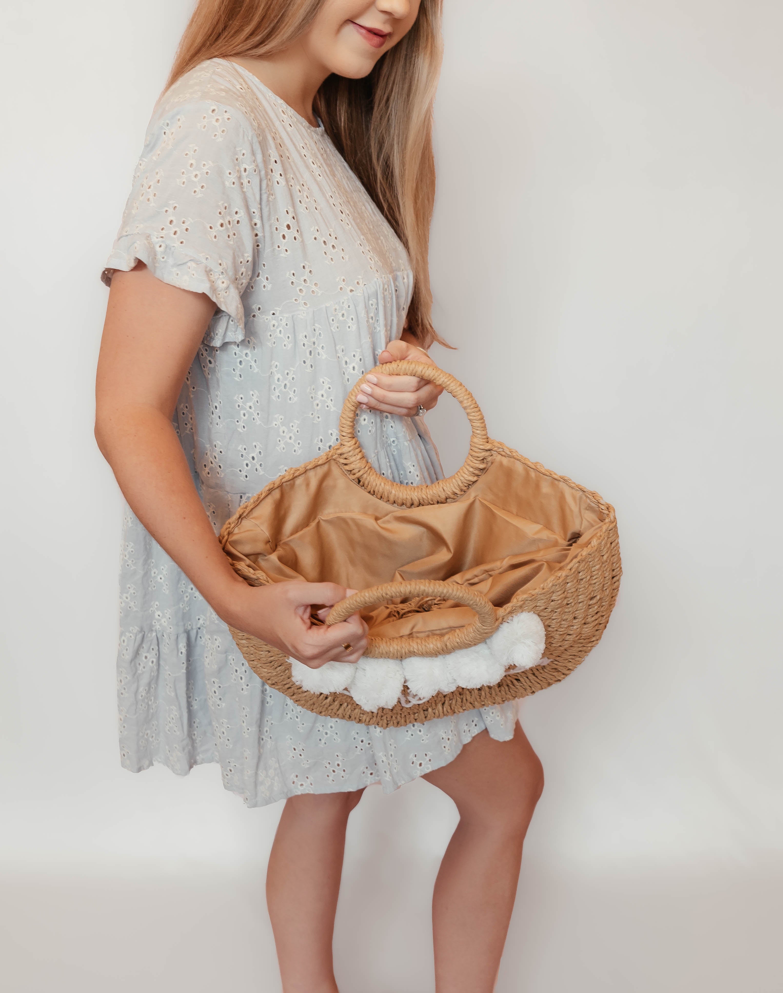 Straw Woven Honeymoon Bag with white Pom poms Summer wedding bag