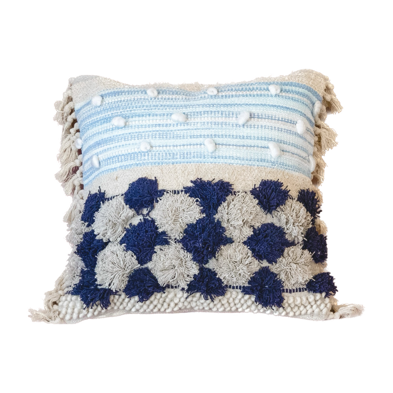 Blue and white woven square pillow