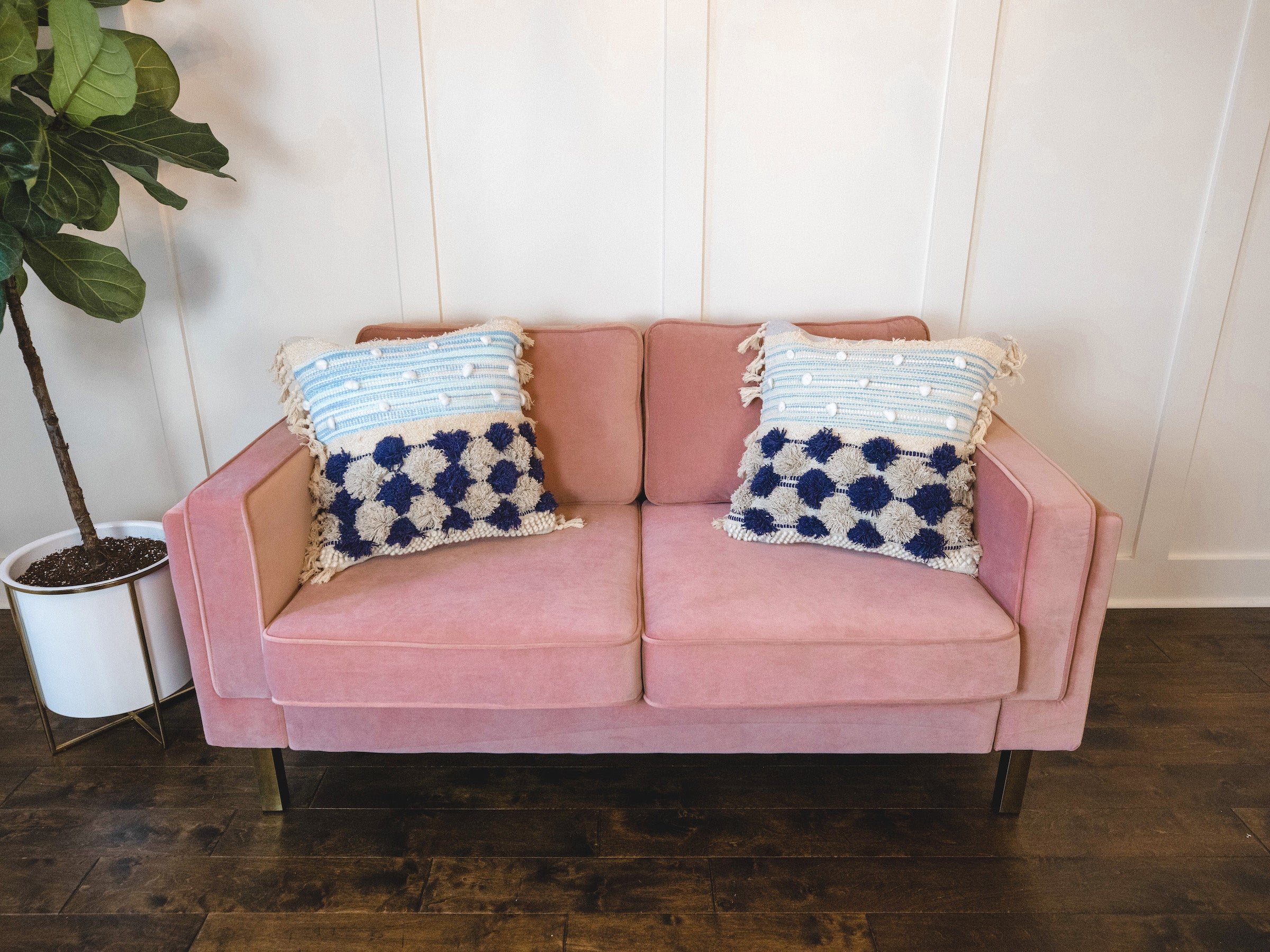 Blue and white woven square pillow - Boho Home Decor Accent