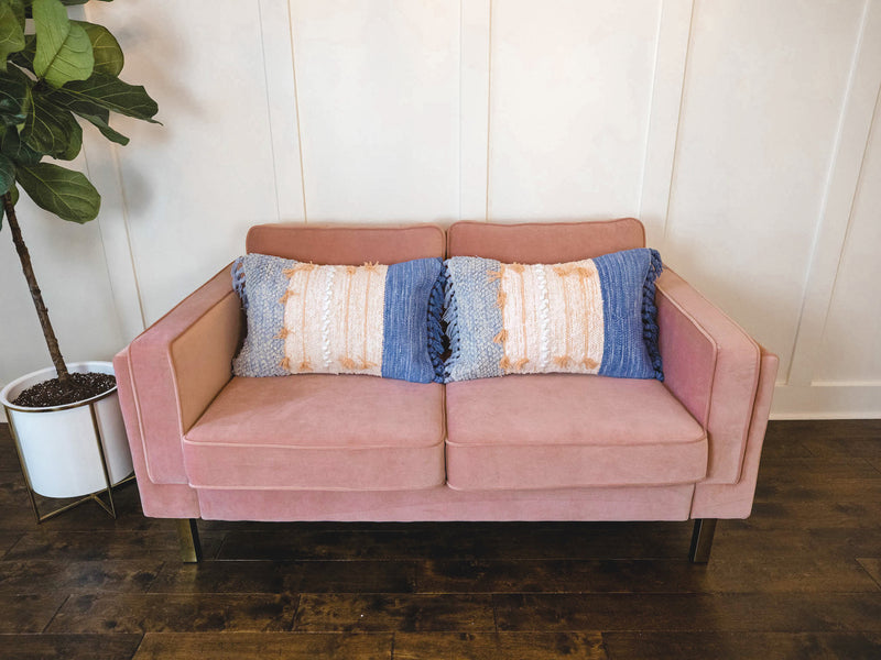 Woven blue and pink rectangular pillow
