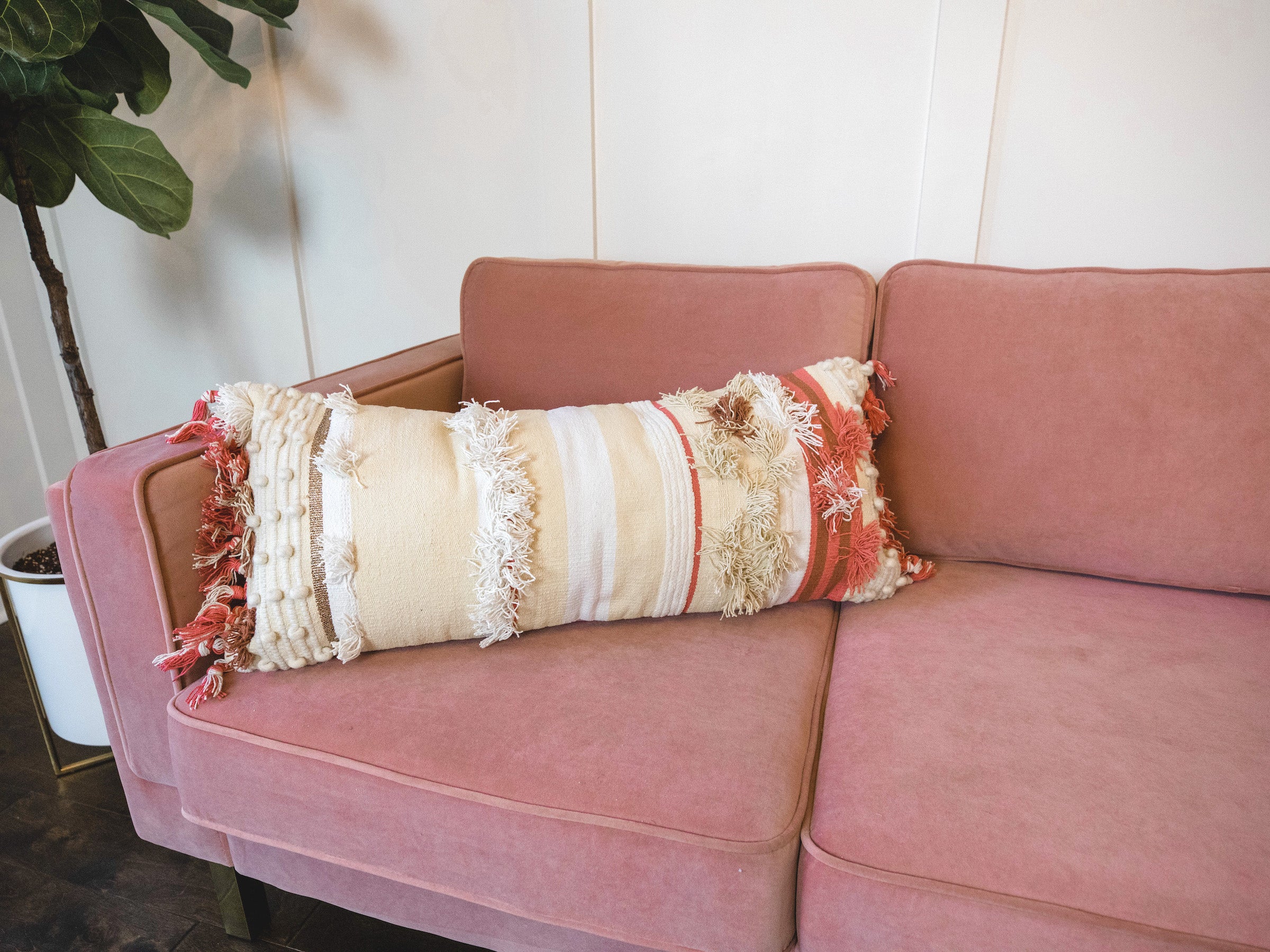 Woven pink rectangular pillow - Boho Home Decor Accent