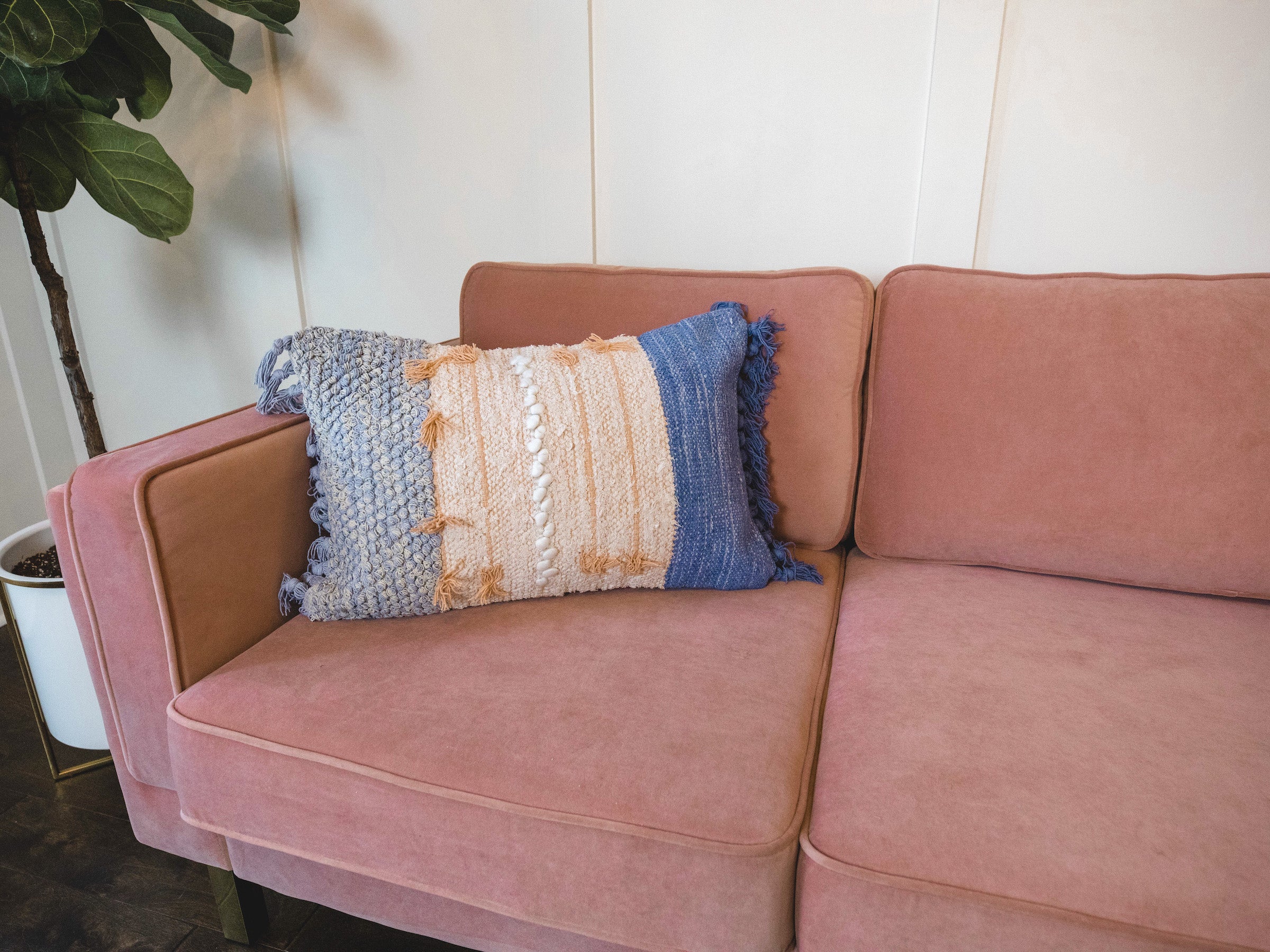 Woven blue and pink rectangular pillow - Boho Home Decor Accent