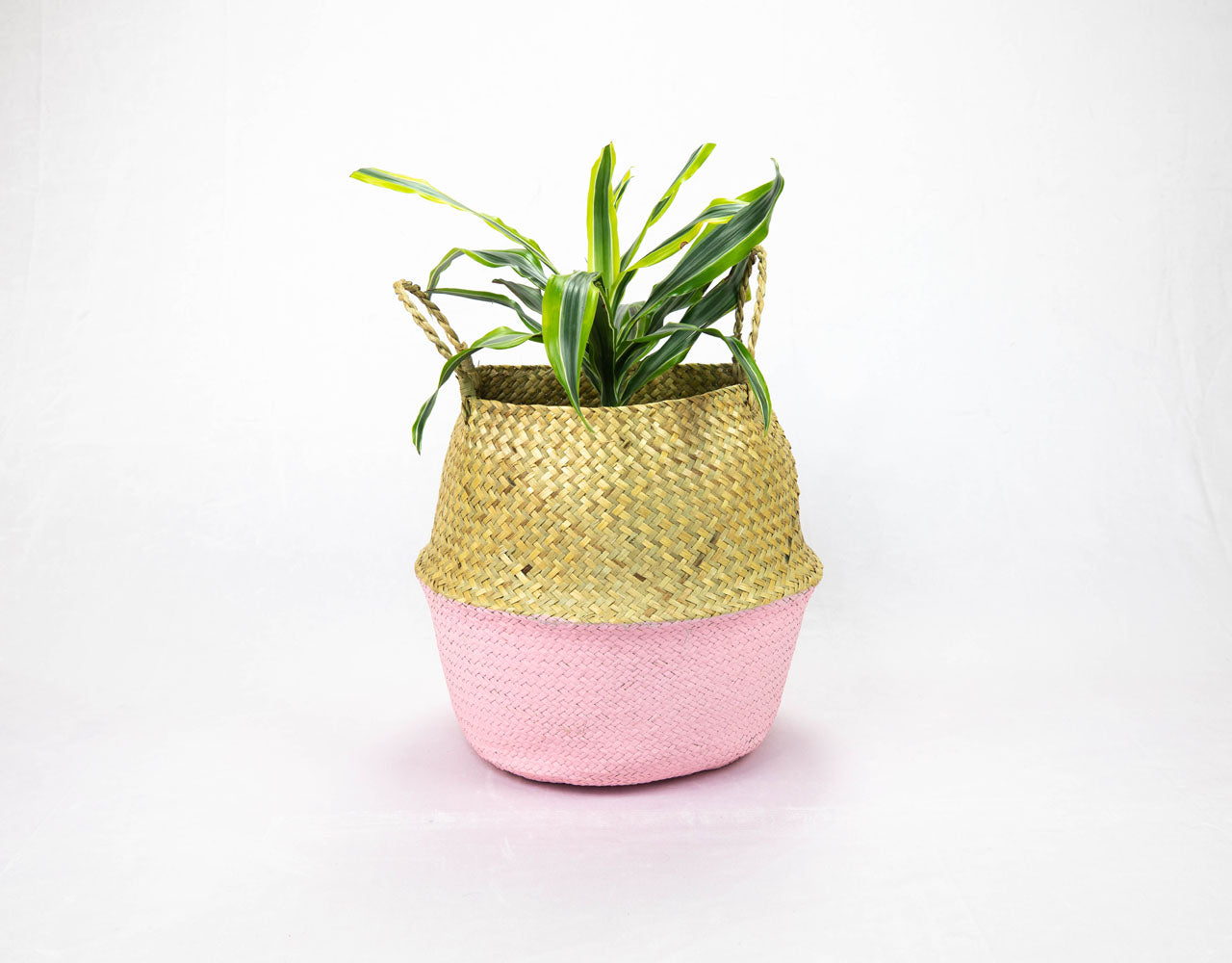 Pink Seagrass Belly Basket Large - Handmade Boho Home Decor