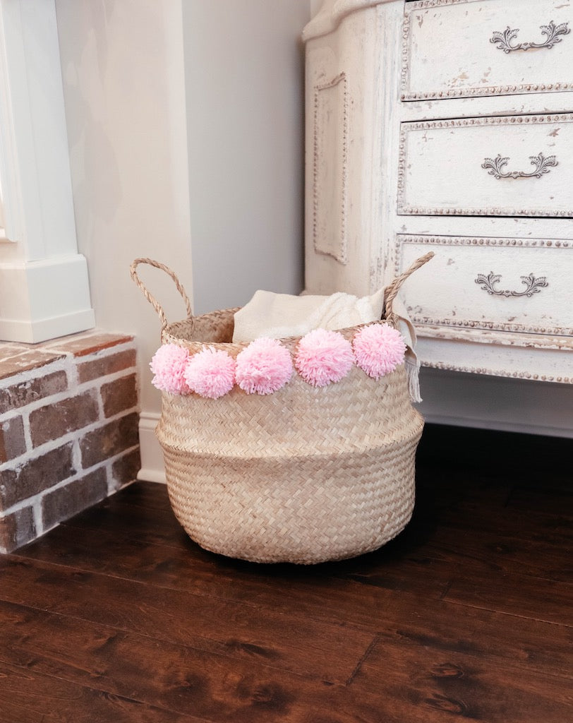 Sea grass belly basket with blush pom poms - Handmade Boho Home Decor