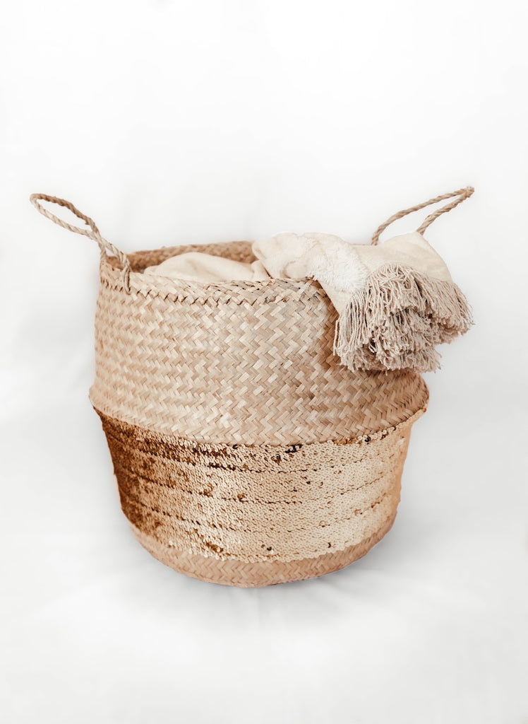 Gold Sequin Seagrass Woven Belly Basket