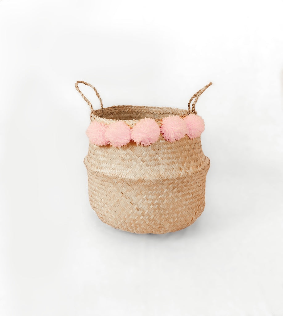Sea grass belly basket with blush pom poms
