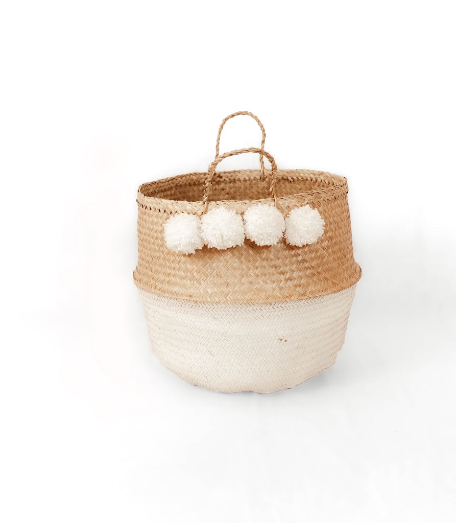 White Seagrass Belly Basket with white pom poms