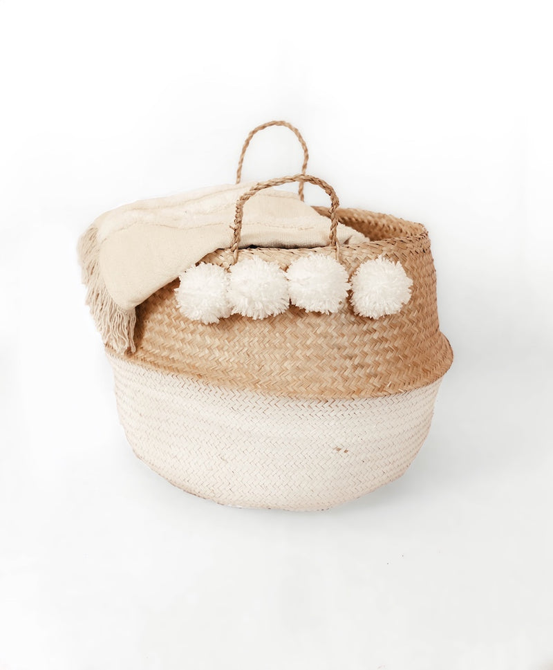 White Seagrass Belly Basket with white pom poms