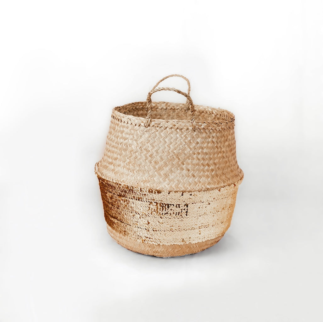Gold Sequin Seagrass Woven Belly Basket
