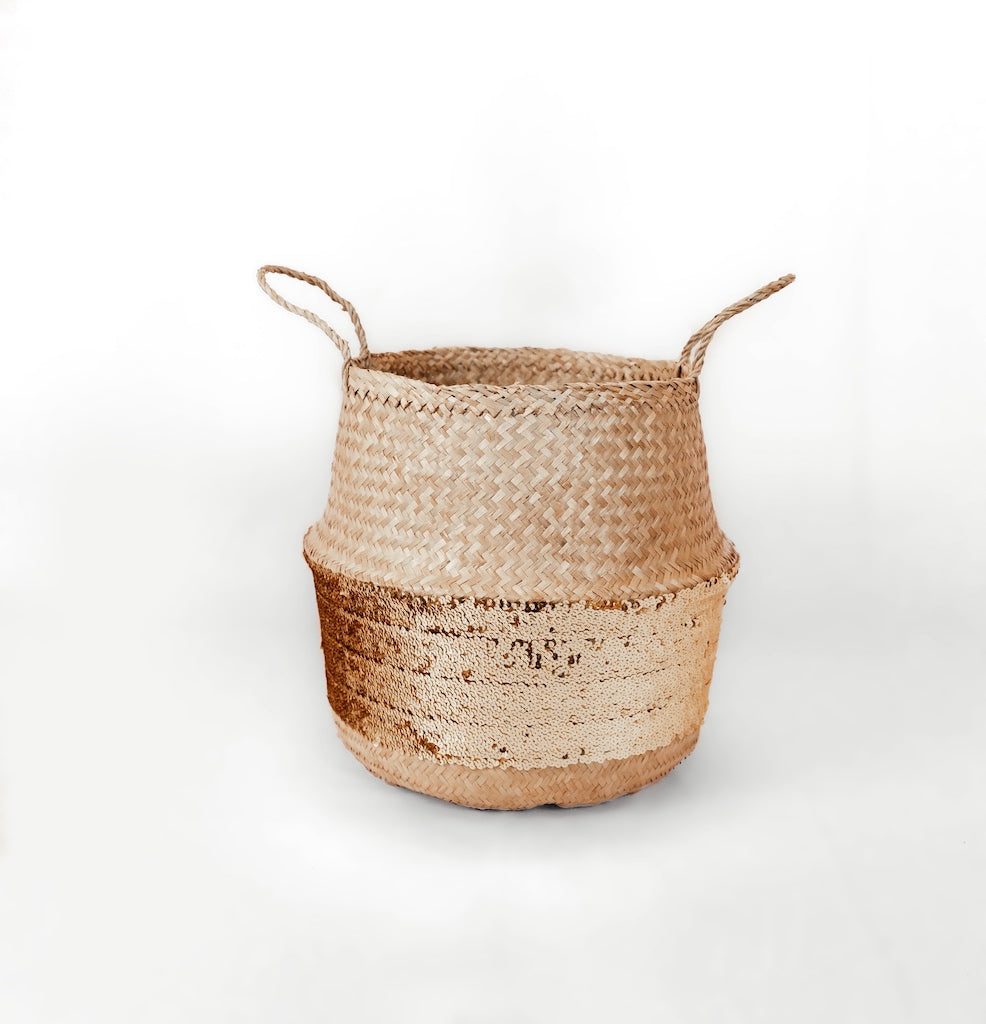 Gold Sequin Seagrass Woven Belly Basket