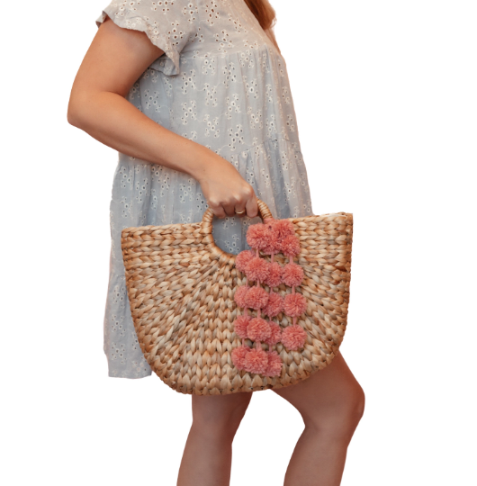 Pink Pom Pom Beach Bag - Cute Boutique Handbag