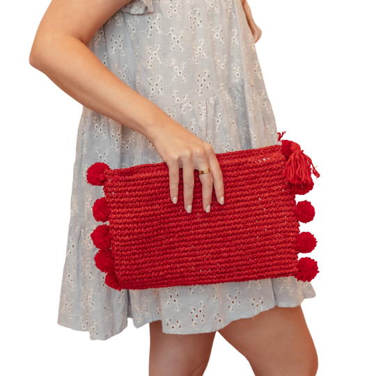 Red Pom Pom Clutch - Cute Boutique Handbag