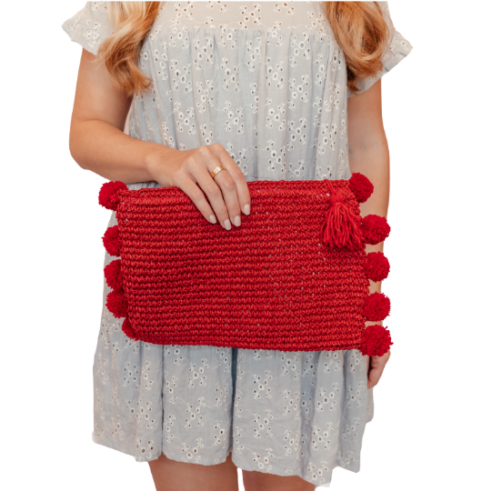 Red Pom Pom Clutch - Cute Boutique Handbag