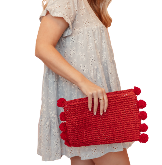 Red Pom Pom Clutch - Cute Boutique Handbag